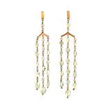 エシカルでサステナブルなジュエリーを提案するHASUNAの、クリソベリルキャッツアイのシャンデリアピアスです。シャンデリアのように連ねたストーンがフリンジ状に三本ずつ下がっています。2×6mm程度のSV×K18メッキ製の長方形のパーツの下に1石のクリソベリルキャッツアイ、その下に山型で3つのマルカンがついたSV×K18めっき製のパーツがあり、そこから真鍮ワイヤーで繋いだクリソベリルキャッツアイのレンガ下がっています。石は上から下へグラデーションを描いて大きくなり、左右は5石、中央は6石です。全長約7㎝。しゃらしゃらと揺れます。エシカルジュエリー HASUNA ハスナ