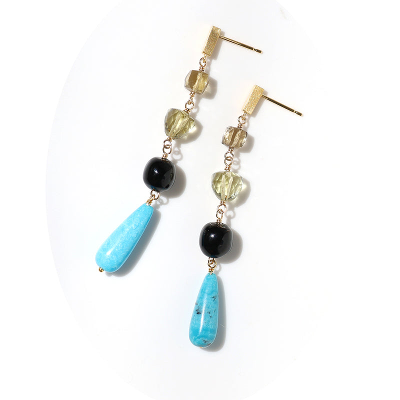 luxe Essence ロングピアス ターコイズ＆オリーブクォーツ【オーダー制作】
