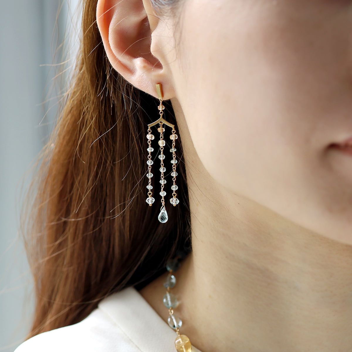 luxe Essence シャンデリアピアス アクアマリン＆インペリアルトパーズ